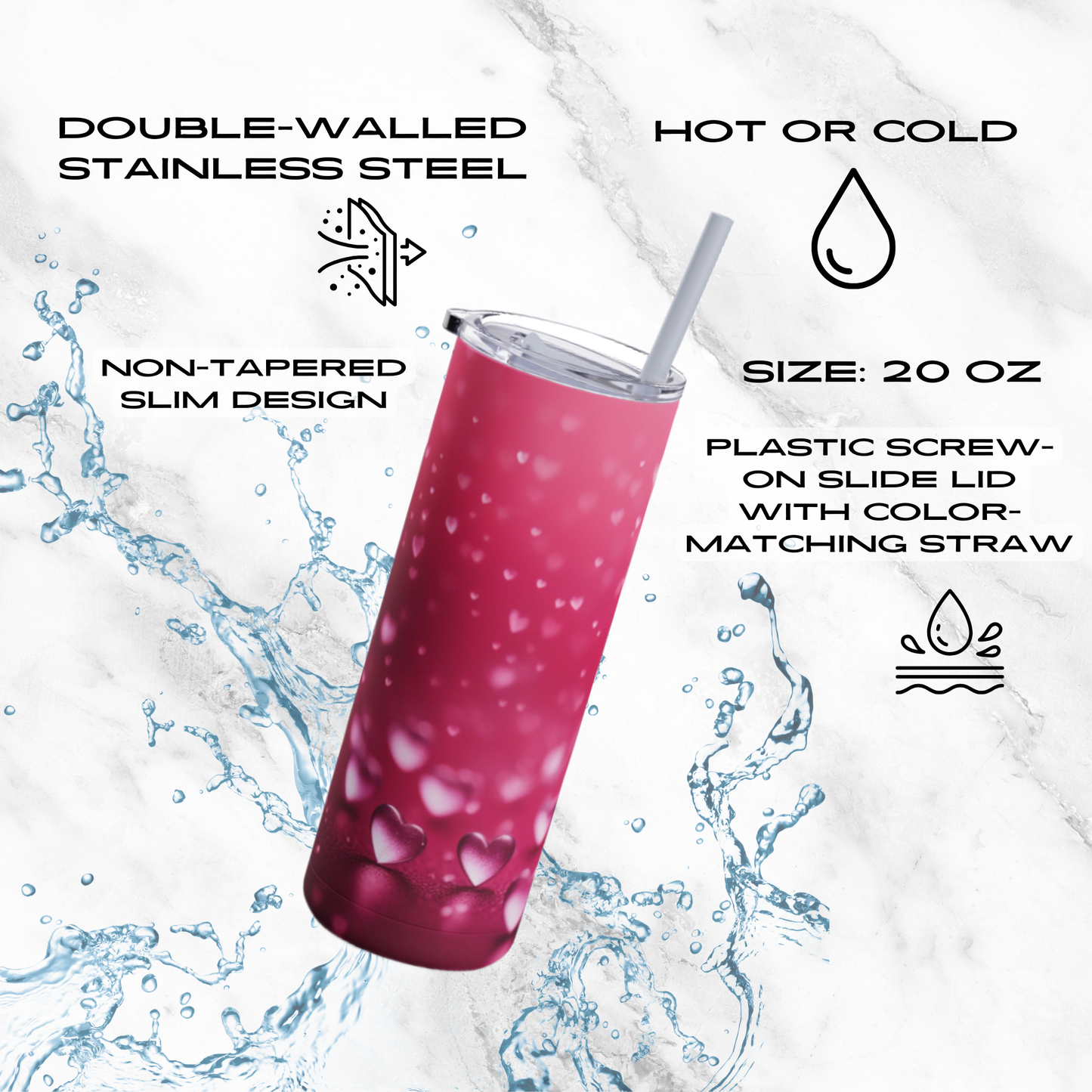 Pink Heart Dream 20oz Skinny Tumbler - With Straw