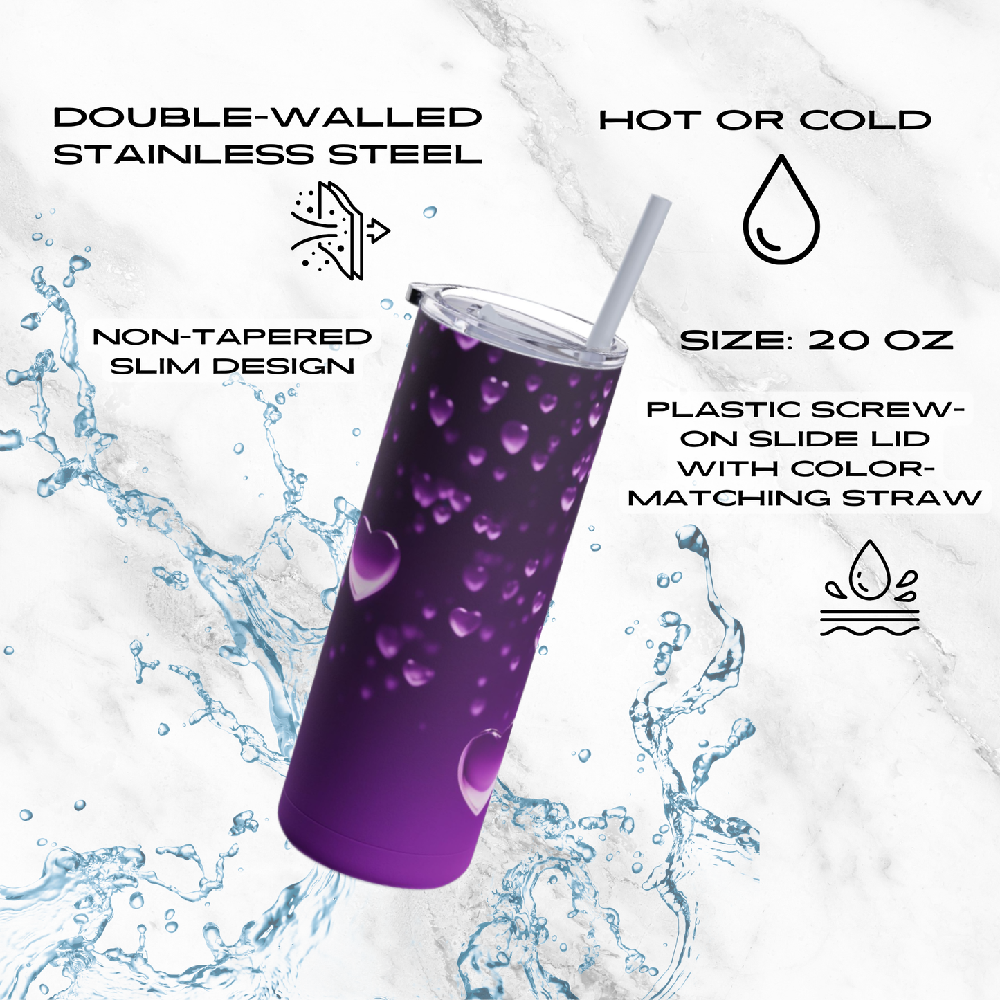 Purple Heart Shower 20oz Skinny Tumbler - With Straw