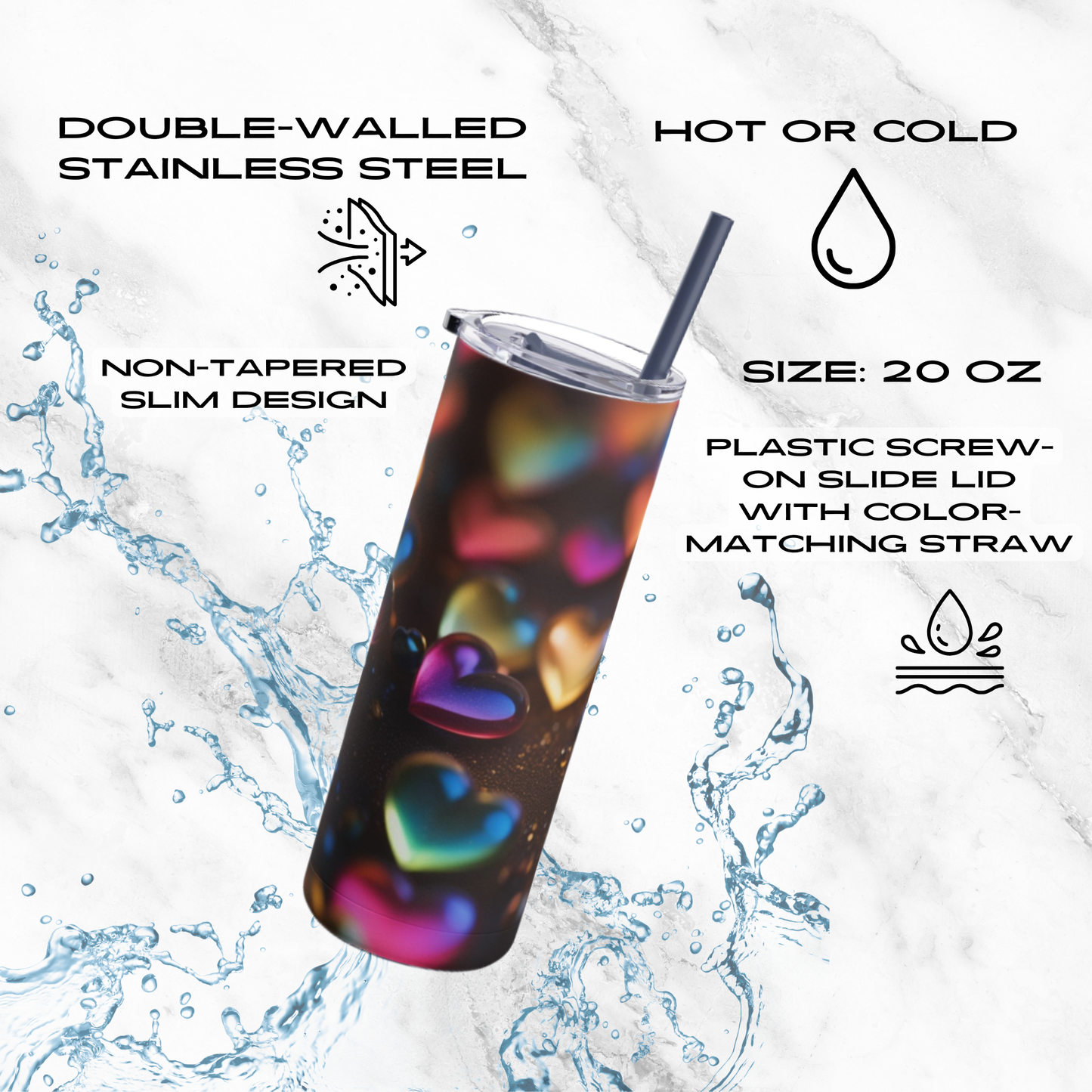 Rainbow Heartbeat 20oz Skinny Tumbler - With Straw