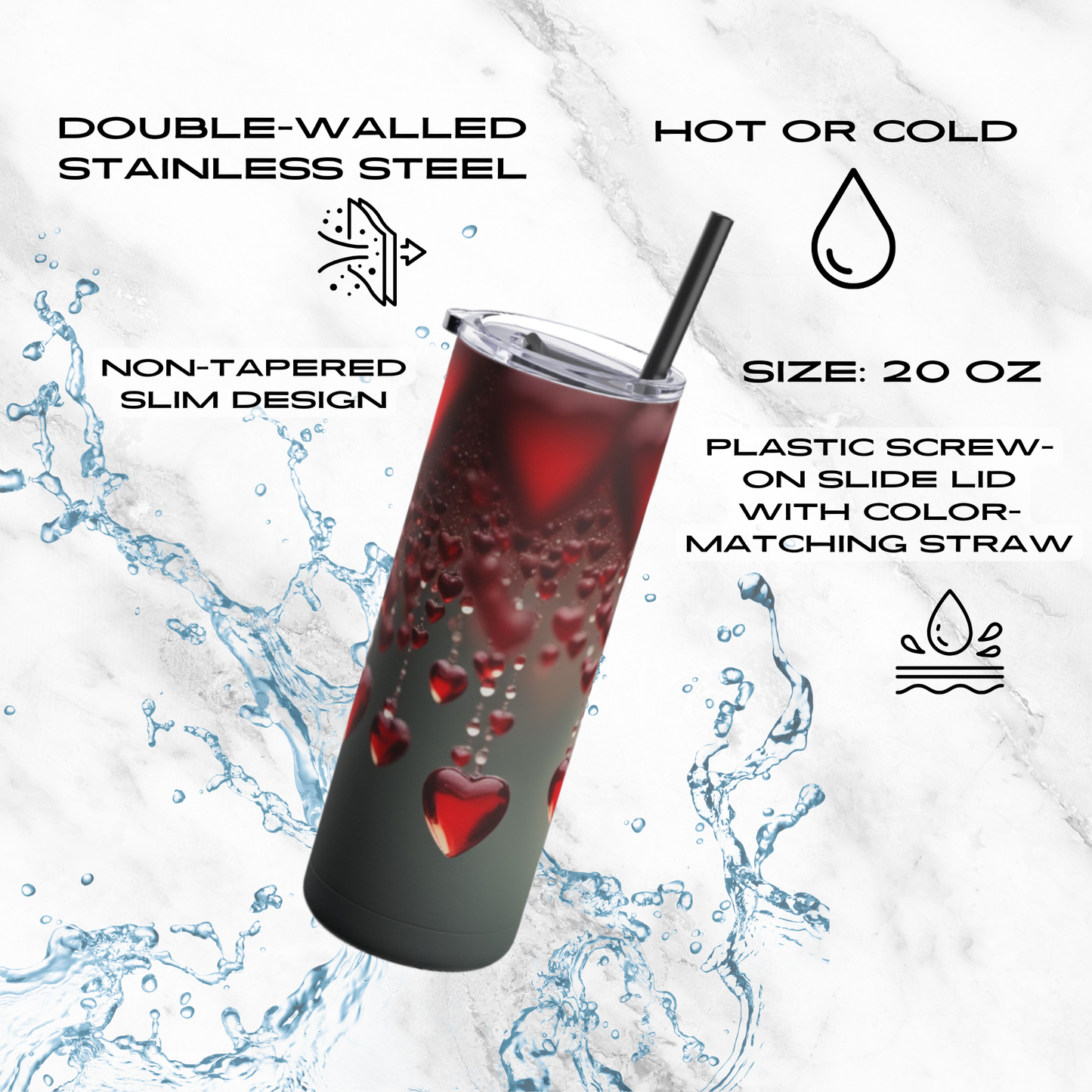 Red Heart Rain 20oz Skinny Tumbler - With Straw