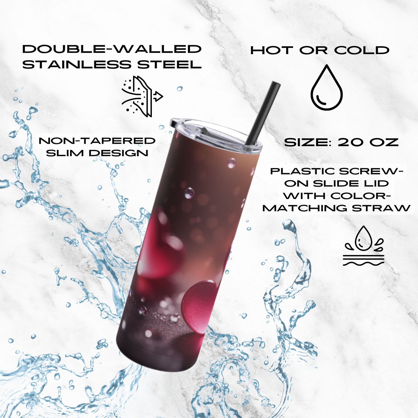 Romantic Heart Splash 20oz Skinny Tumbler - With Straw
