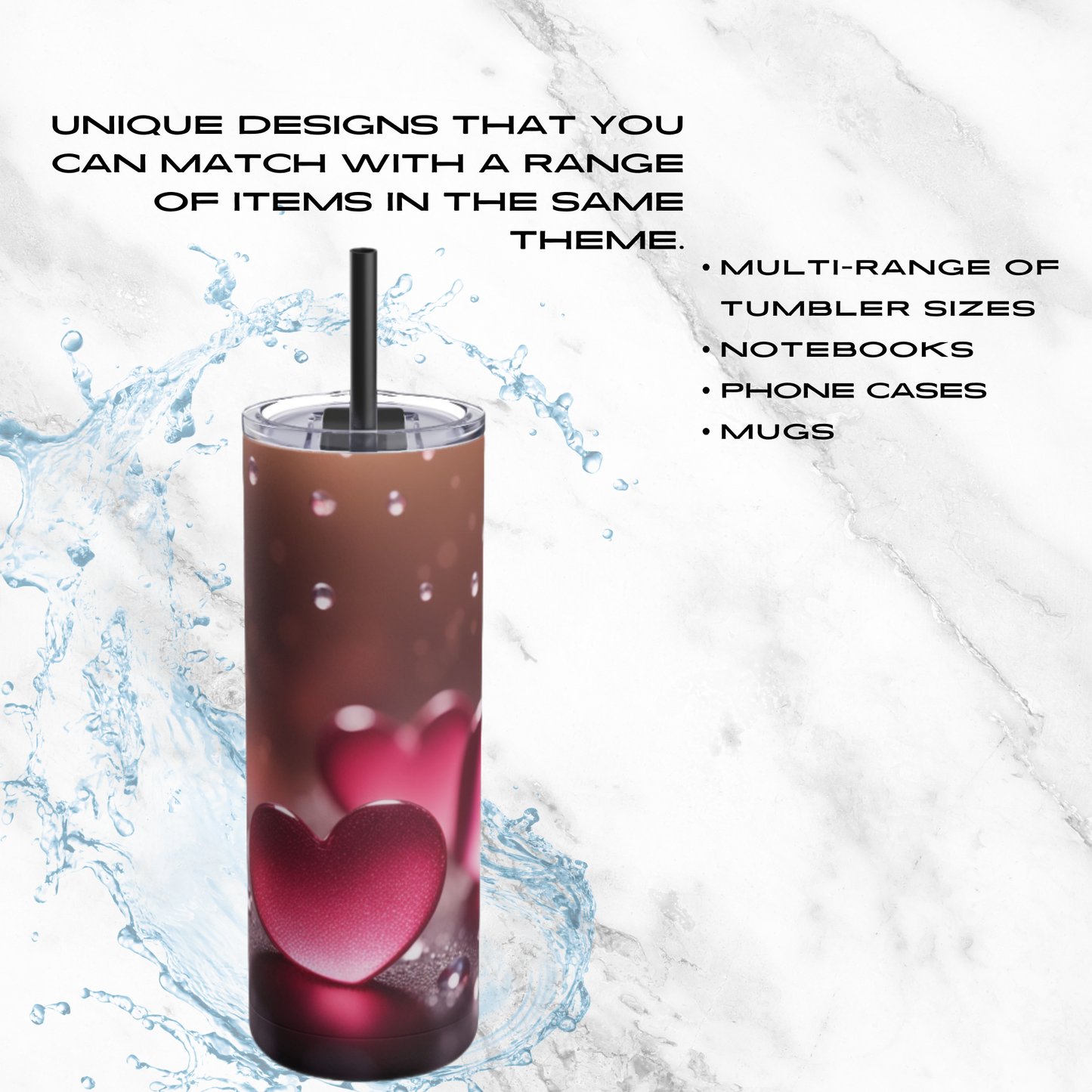 Romantic Heart Splash 20oz Skinny Tumbler - With Straw