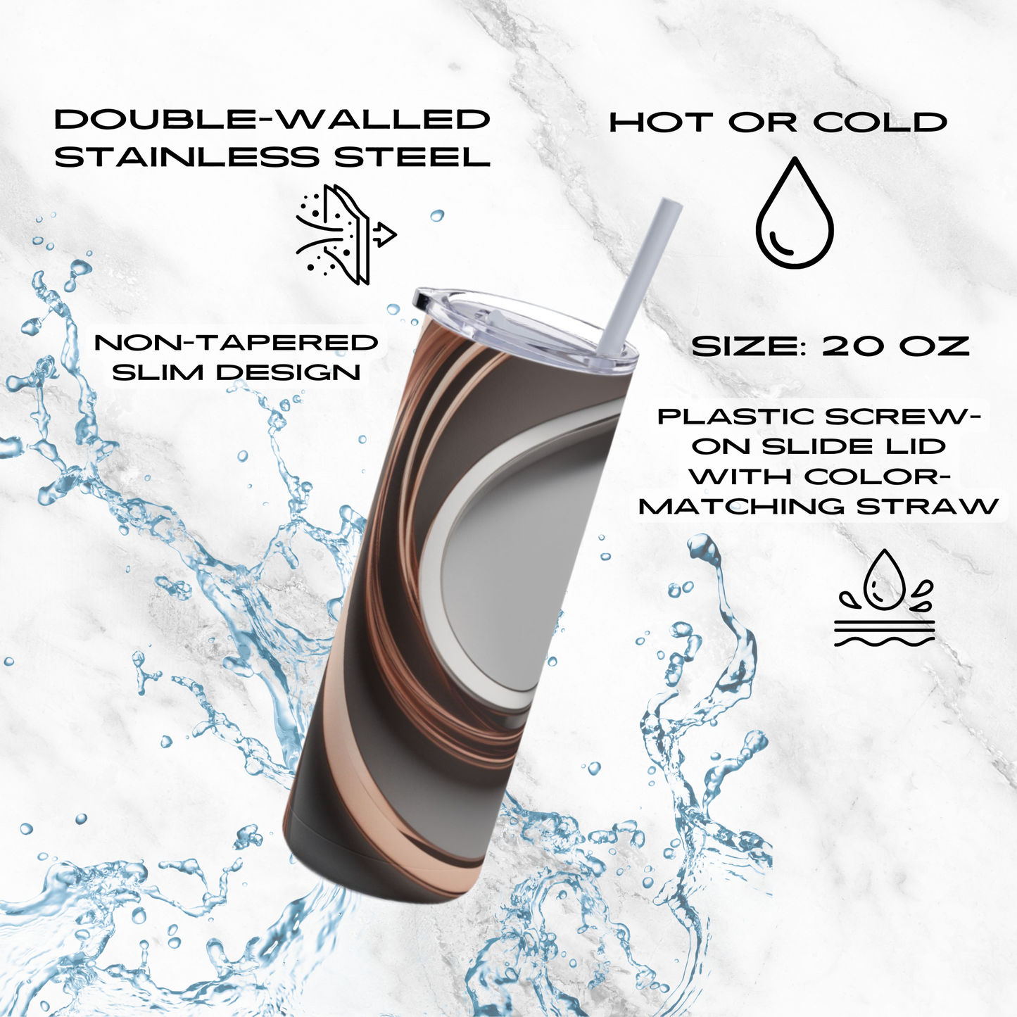 Rose Gold Waves 20oz Skinny Tumbler - With Straw