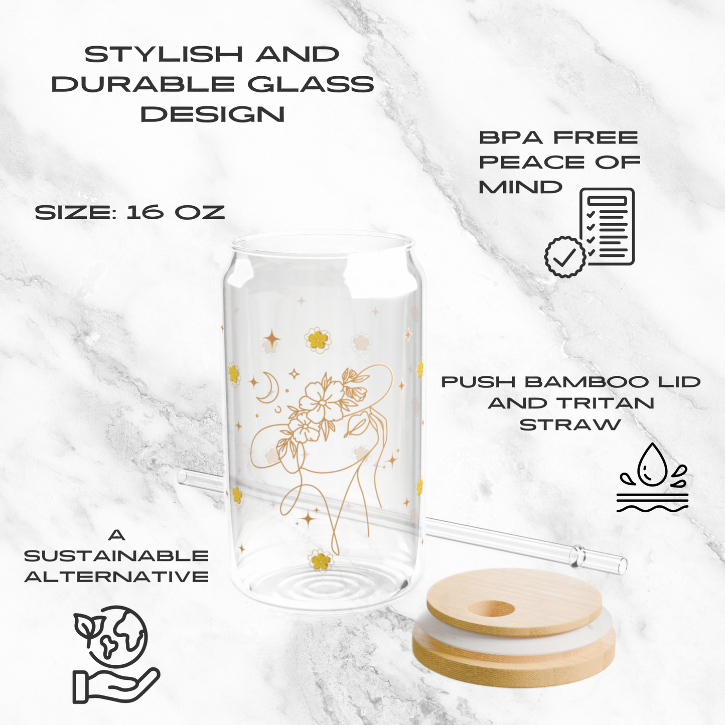 Moonlit Petals 16oz Glass Tumbler | Soda Can