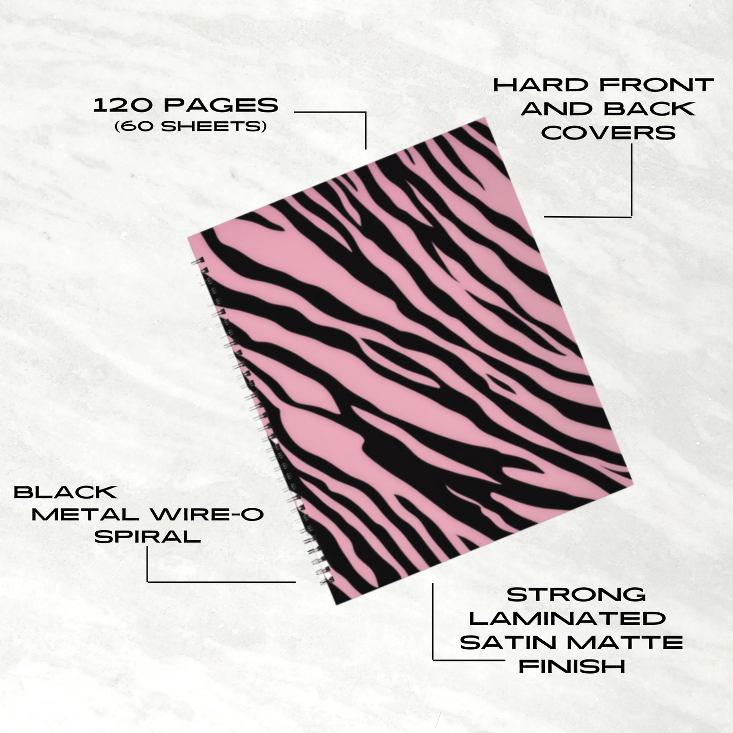 Pink Zebra Rush 8.5”x11” Hardcover Notebook