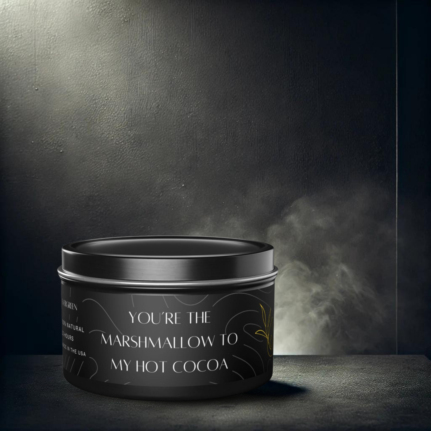8oz Evergreen Black Tin Candle – Marshmallow & Hot Cocoa Vibes