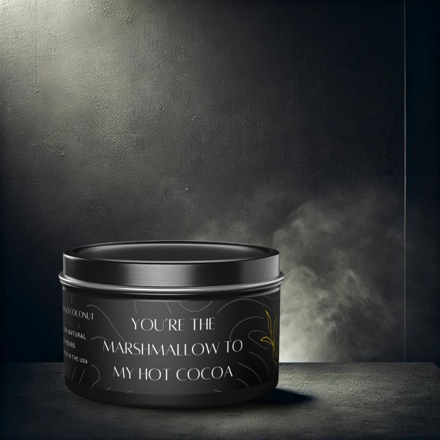 8oz Mango Coconut Black Tin Candle – Marshmallow & Hot Cocoa Vibes