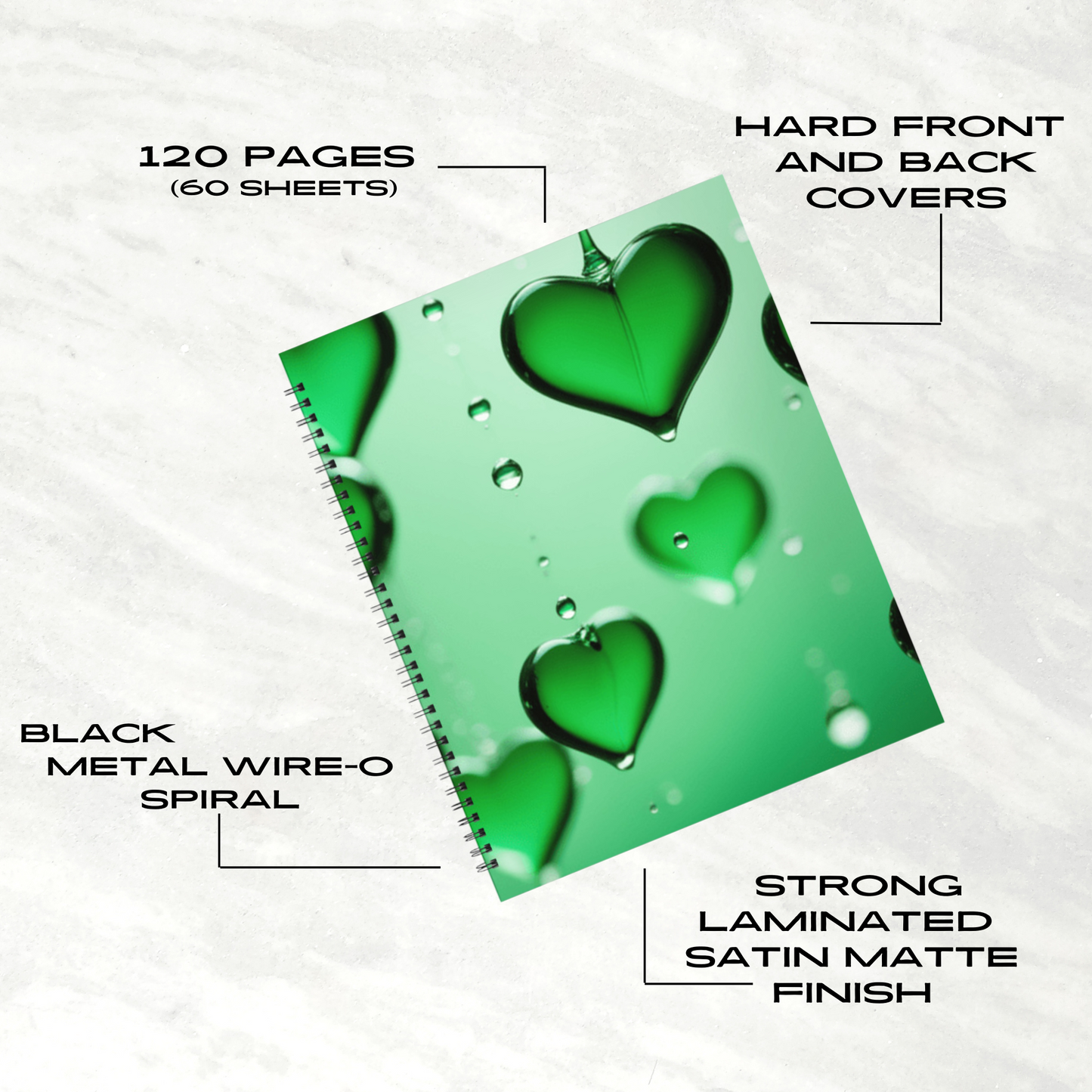 Emerald Heart Drops 8.5"x11" Hardcover Notebook