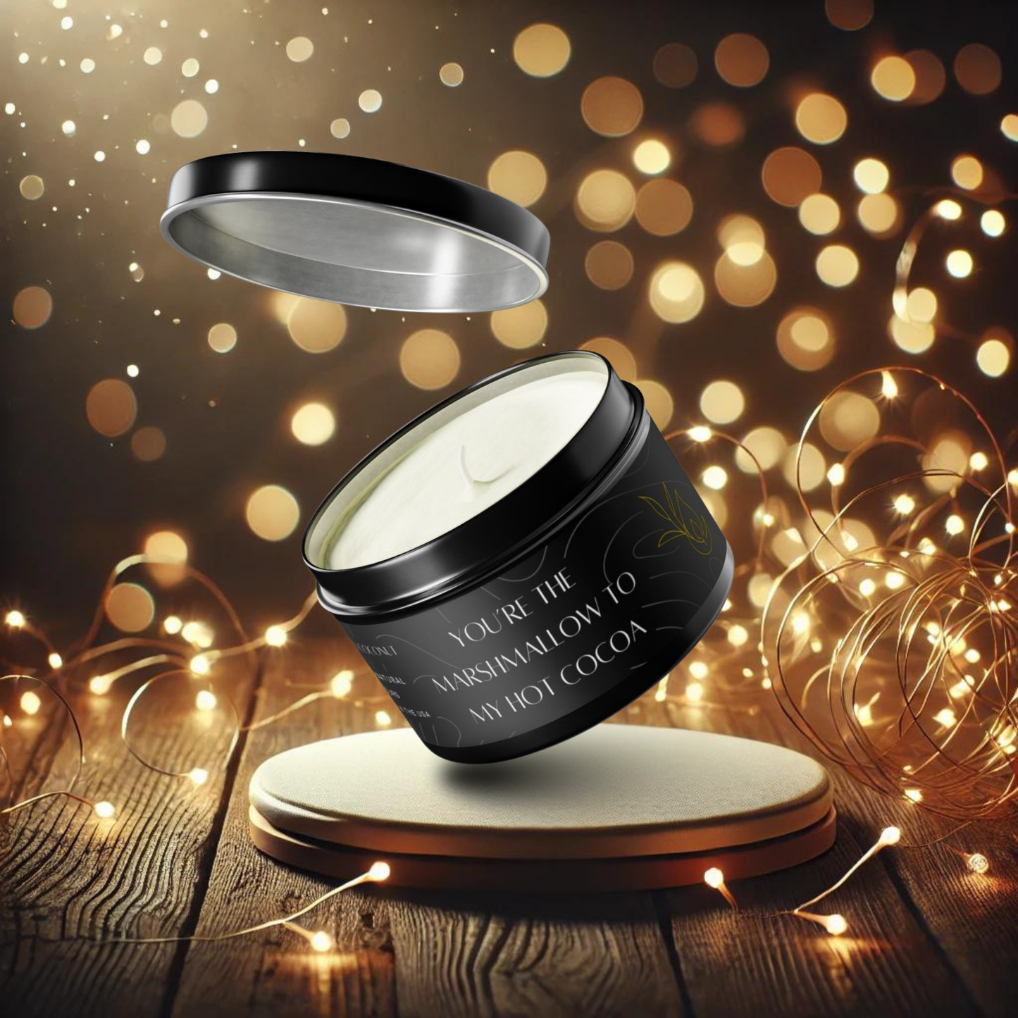 8oz Mango Coconut Black Tin Candle – Marshmallow & Hot Cocoa Vibes