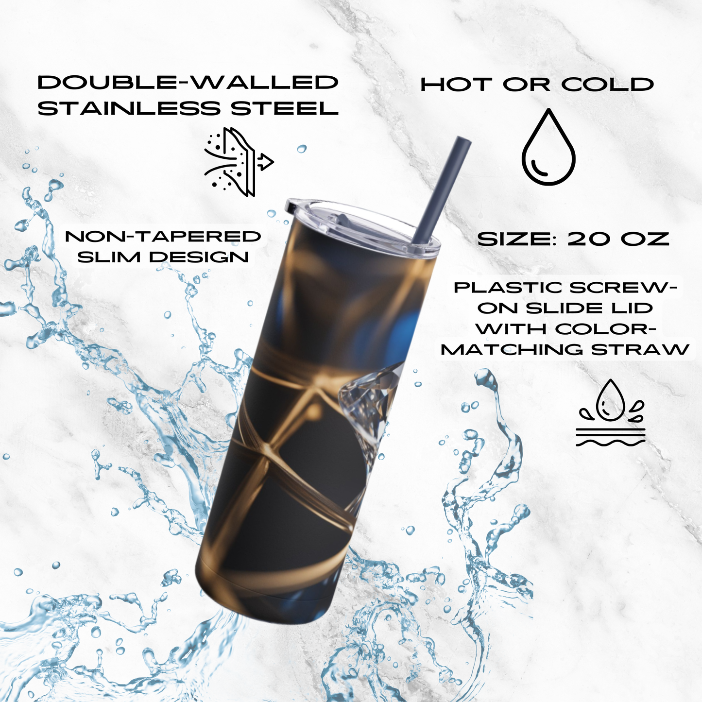 Crystal Elegance 20oz Skinny Tumbler - With Straw