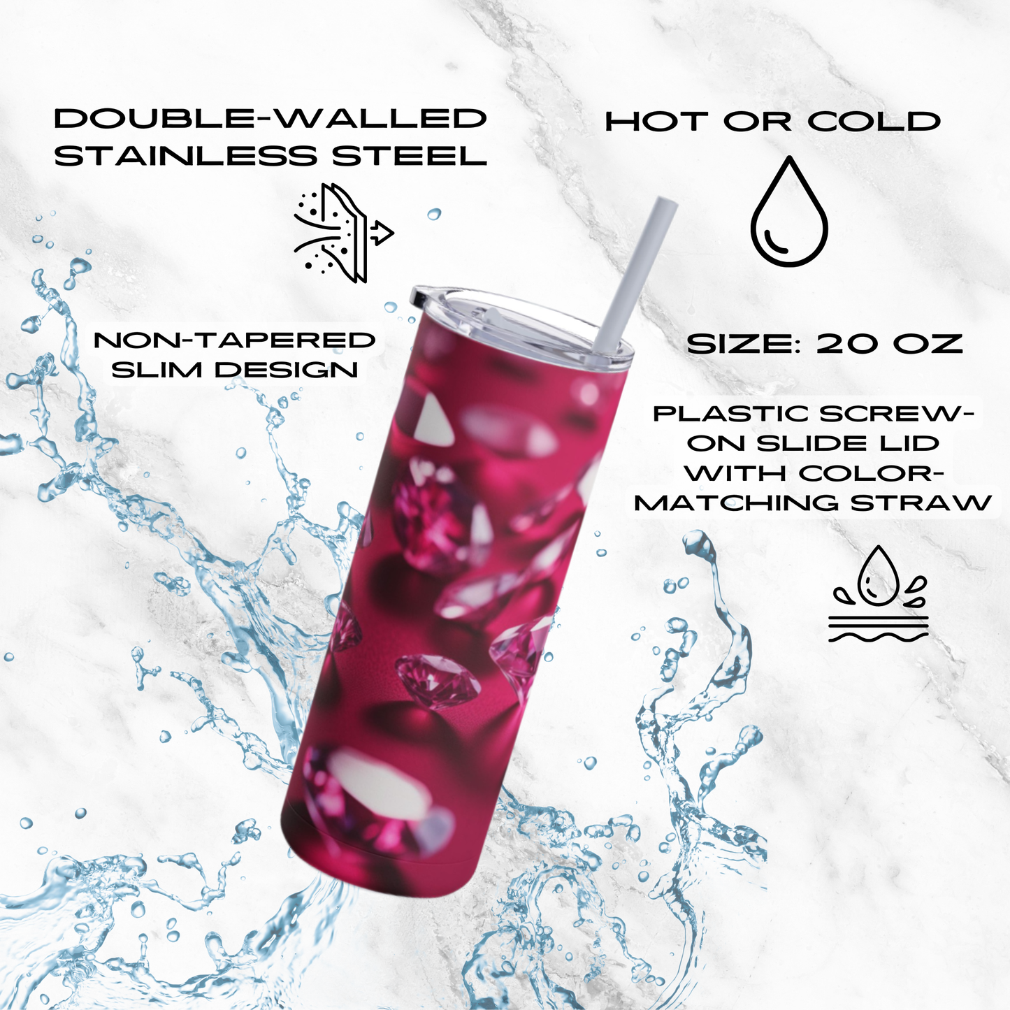 Pink Diamond Sparkle 20oz Skinny Tumbler - With Straw