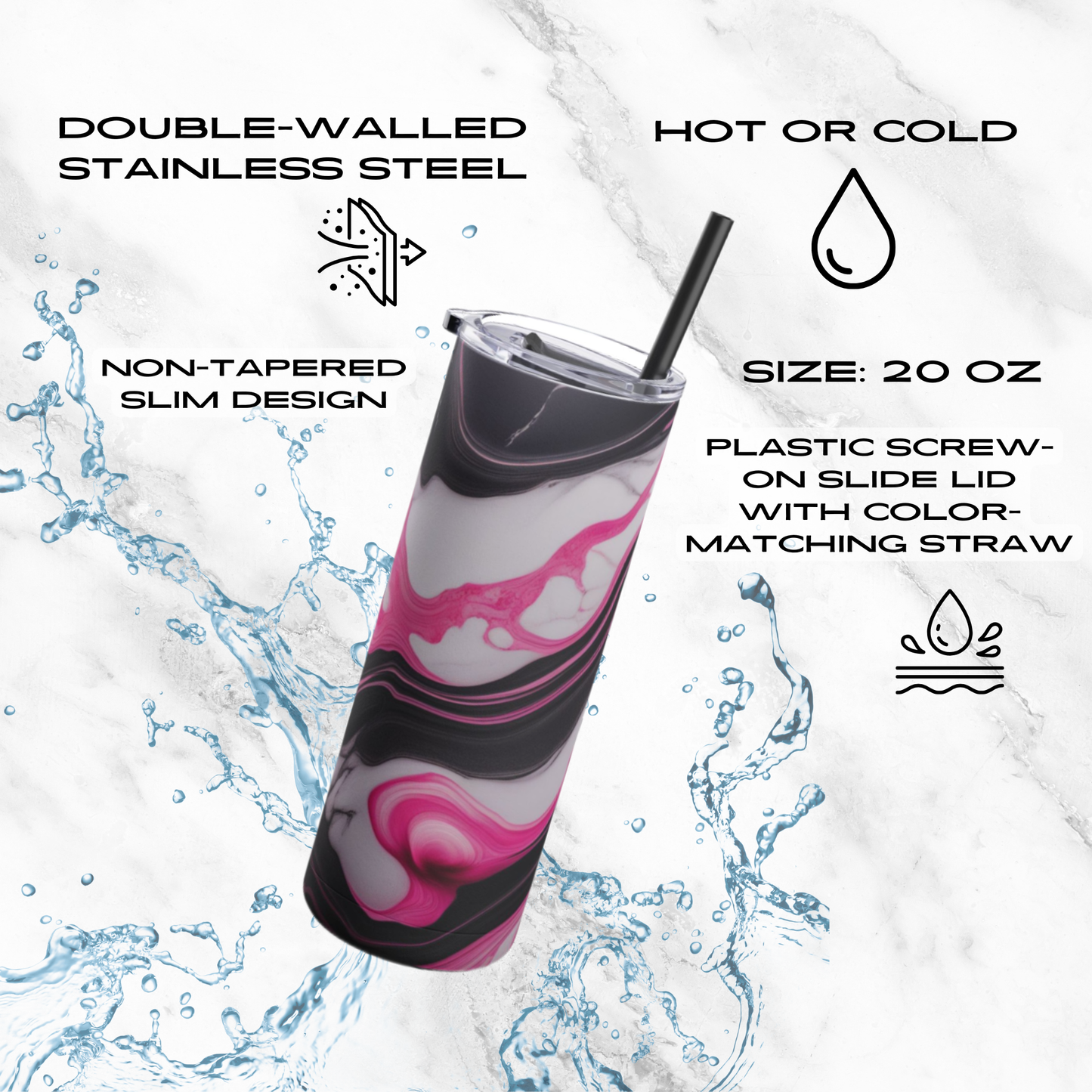 Pink Marble Rush 20oz Skinny Tumbler - With Straw