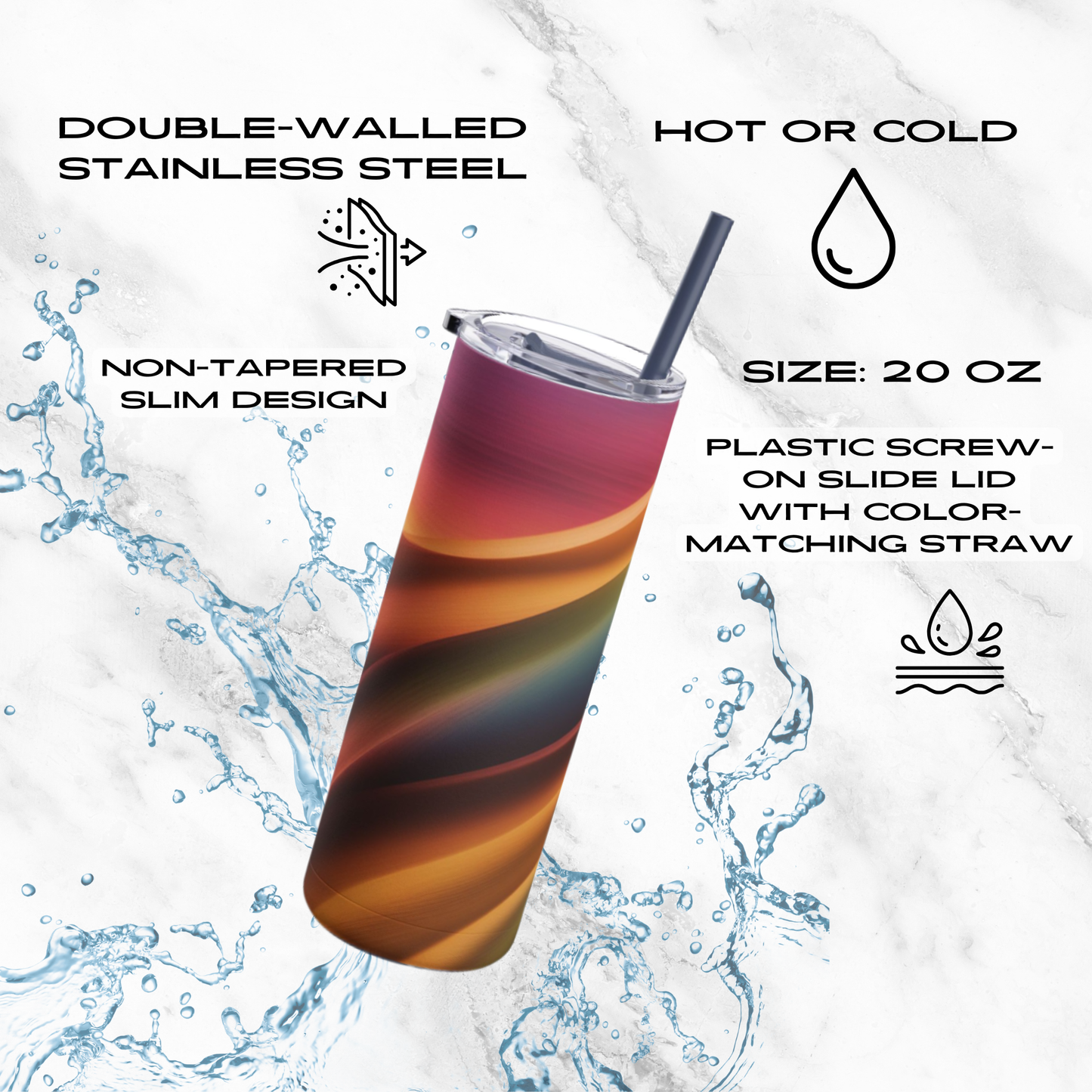 Rainbow Cascade 20oz Skinny Tumbler - With Straw