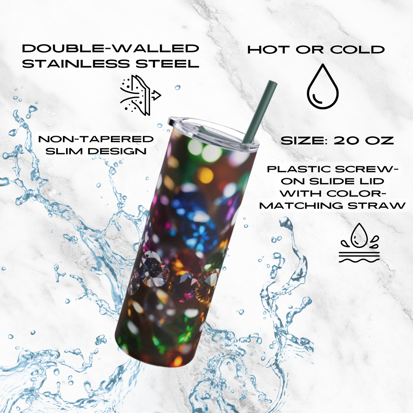 Rainbow Jewels 20oz Skinny Tumbler - With Straw
