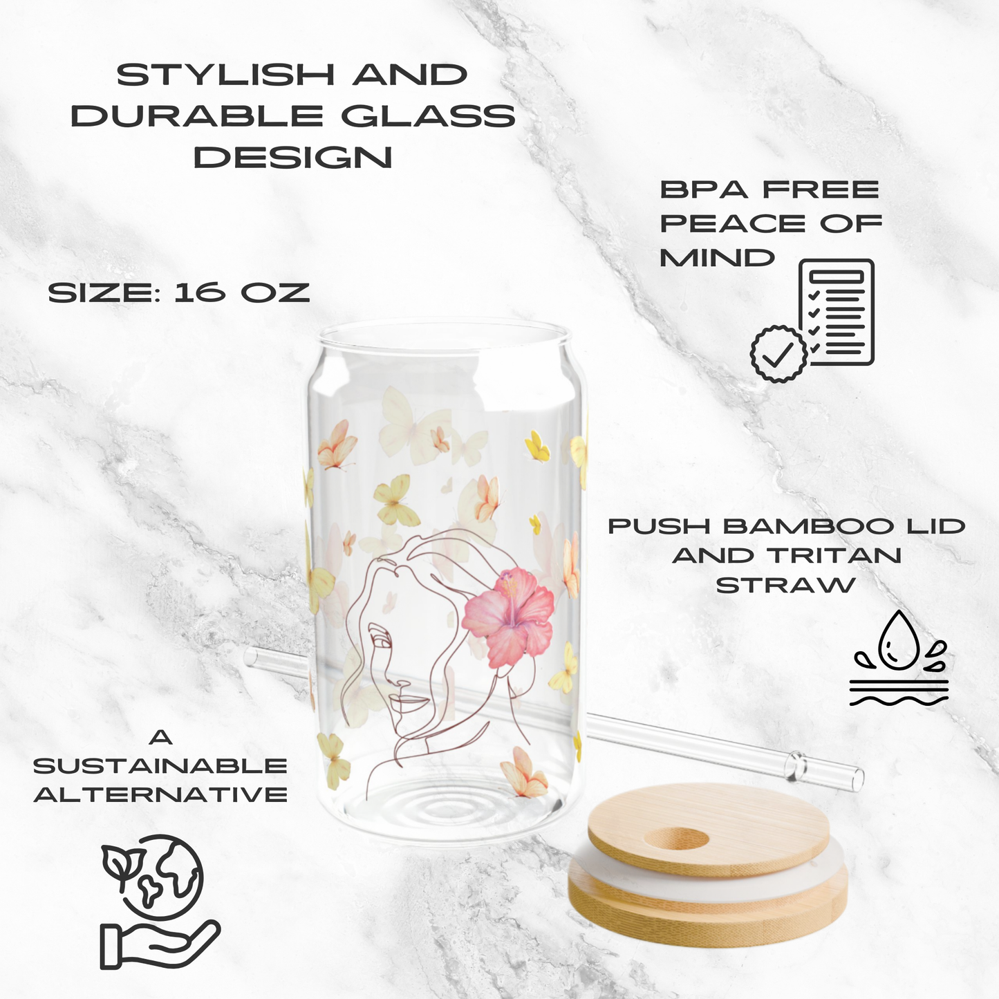 Butterfly Whimsy – 16oz Glass Tumbler | Soda Can