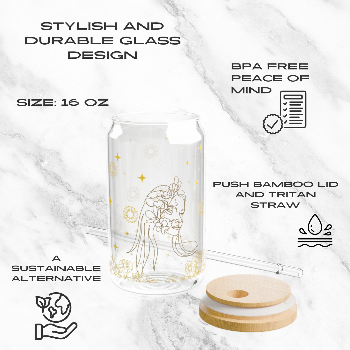 Golden Glimmer 16oz Glass Tumbler | Soda Can